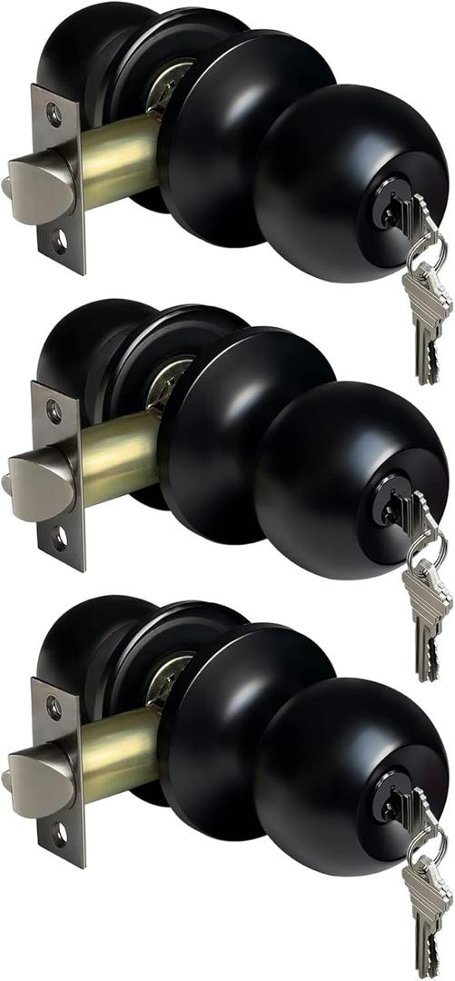 [3 Pack] BESTTEN Keyed Entry Door Knob, Entrance Door Lock, Keyed Different, Standard Ball, Matte Black