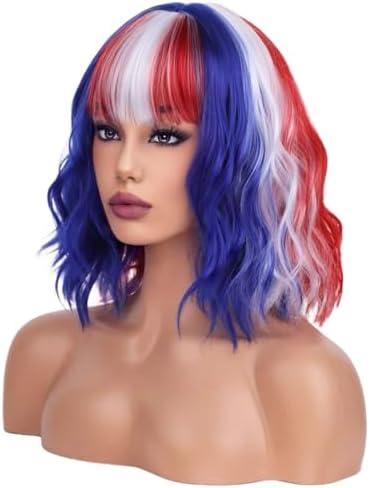 WTHCOS Red White Blue Wigs for Women Girls American Flag Wig 4th of July Wigs Short Curly Wavy Wigs With Bangs Fourth of July Party Wig