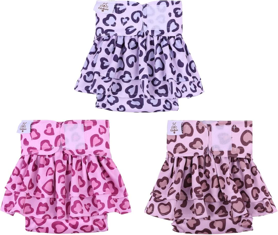 CuteBone Female Dog Diapers with Skirts 3 Pack Reusable Puppy Dresses Pants for Heat Cycle Period QBD07S