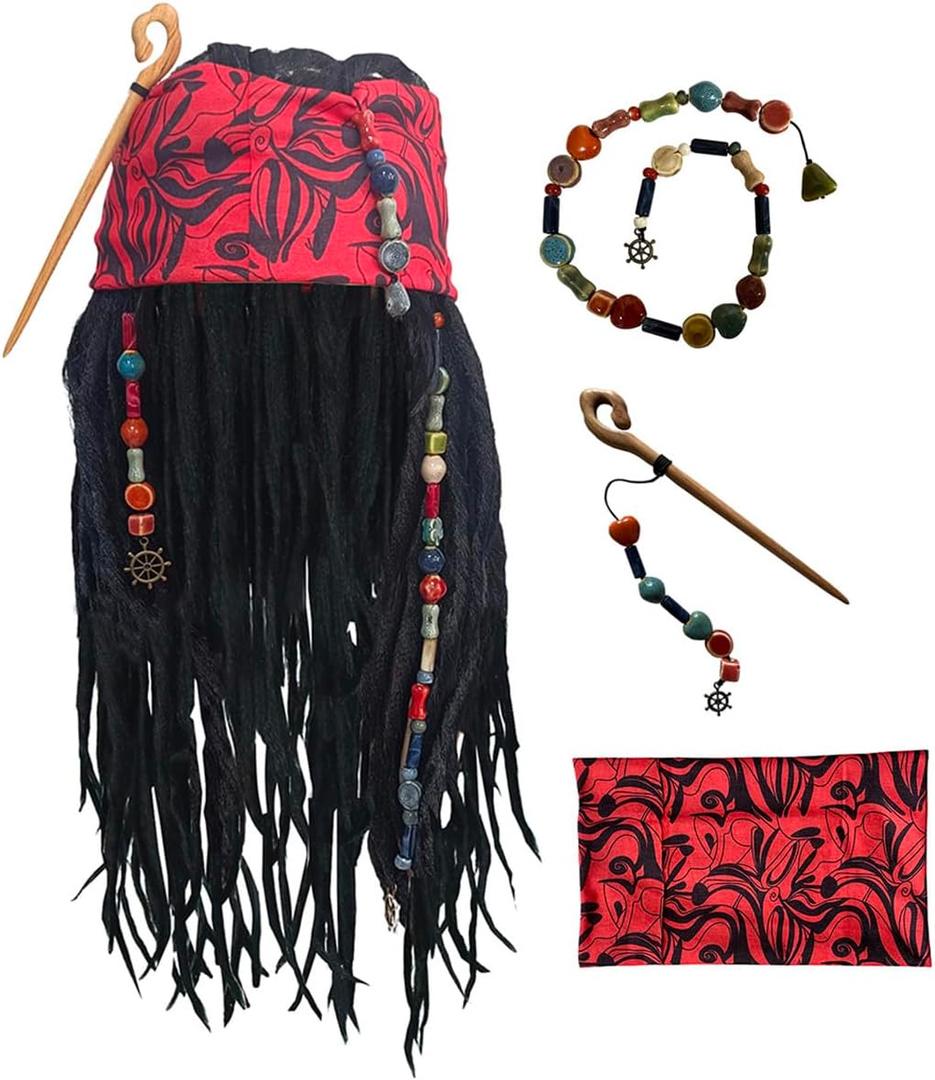 LQYAINI Pirate Dreadlock Wigs Sets with Bandana Hair Beads Wood Clasp Accessories Men Women Halloween Decoration Props