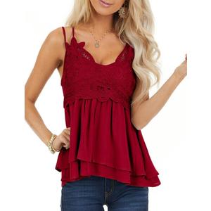 Feager Women's Lace Tank Tops Summer Chiffon Spaghetti Strap Cami Sleeveless Shirts Babydoll Tops (Medium, Wine Red)