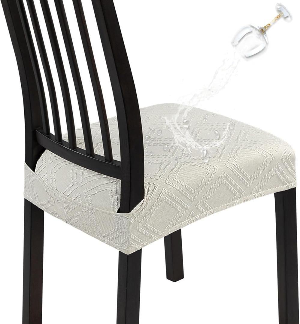 SearchI Waterproof Dining Chair Seat Covers Set of 6, Washable Stretch Seat Covers for Dining Chairs, Rear-Covered Dining Room Seat Cover Protector(Cream Rhombus Jacquard)