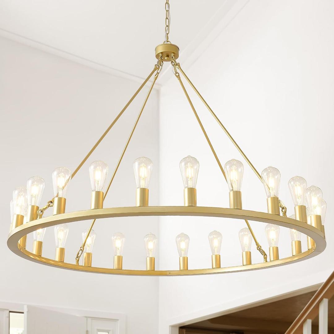 HHR 48" Gold Wagon Wheel Chandelier 24-Light Modern Farmhouse Chandelier