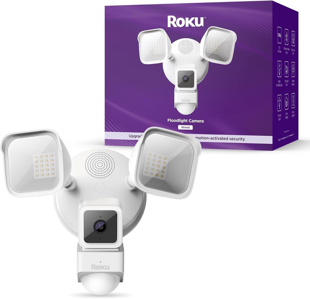 Roku Floodlight Camera for Home Security, Wired Outdoor Security Camera with 270 1080p HD Night Vision, Dimmable Floodlights, Motion & Sound Detection, Remote Monitoring, 90-Day Subscription Included