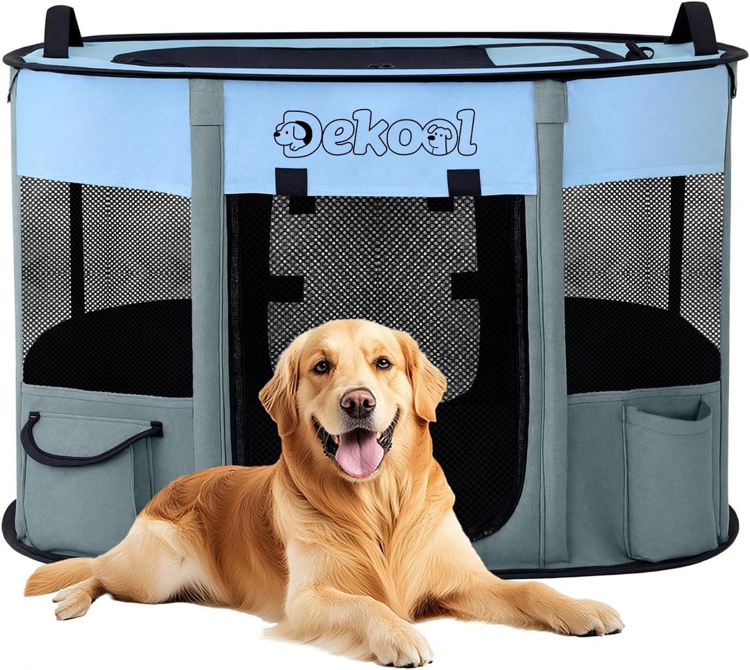 Foldable Dog Cat Playpen, Portable Dog Crate for Puppies, Cat, Puppy Play Pen for Indoors, Kennel Tent Crate for Indoor Outdoor Travel Camping Use with Carrying Case (Blue, L)