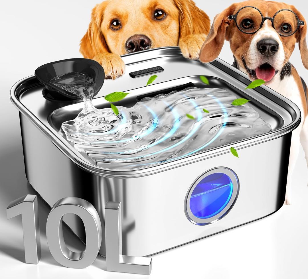 oneisall Dog Water Fountain for Large Dogs, 10L/2.6Gal Stainless Steel Automatic Dog Water Bowl Dispenser with Deeper, Wider Drinking Area, Water Window & Triple Filtration for Large Dogs & Multi-Pet