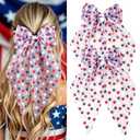 4th of July Hair Bow Clips for Women Independence Day 2 PCS | Stiff Tulle Glitter Red White Blue Star Print Large Patriotic Hair Bows Hairgrips Cheerleader Teens Decor