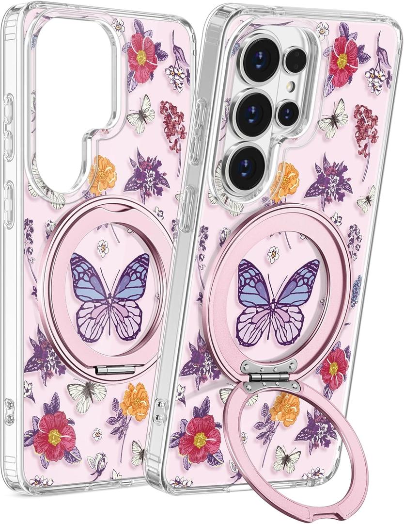 for Samsung Galaxy S26 Ultra Case with Stand - Cute Soft TPU Clear Phone Cover for Women Girls Compatible with Magsafe Girly Unique Design with Magnetic Ring for S26 Ultra, Purple Butterfly