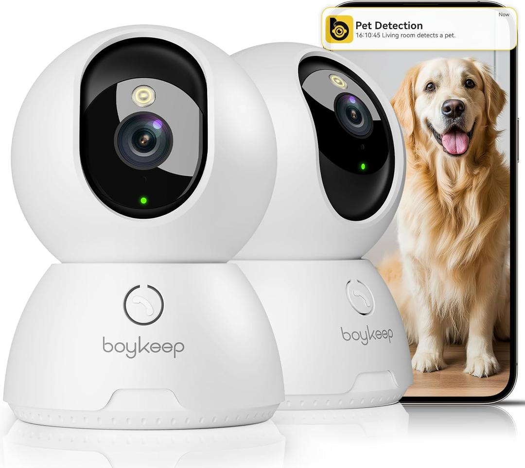 BoyKeep 2K Cameras for Home Security, 2-Pack Indoor Camera with Night Vision, Pet Camera Indoor with Phone App, Motion Detection, 2-Way Audio, Cloud/SD Card Storage, Compatible with Alexa