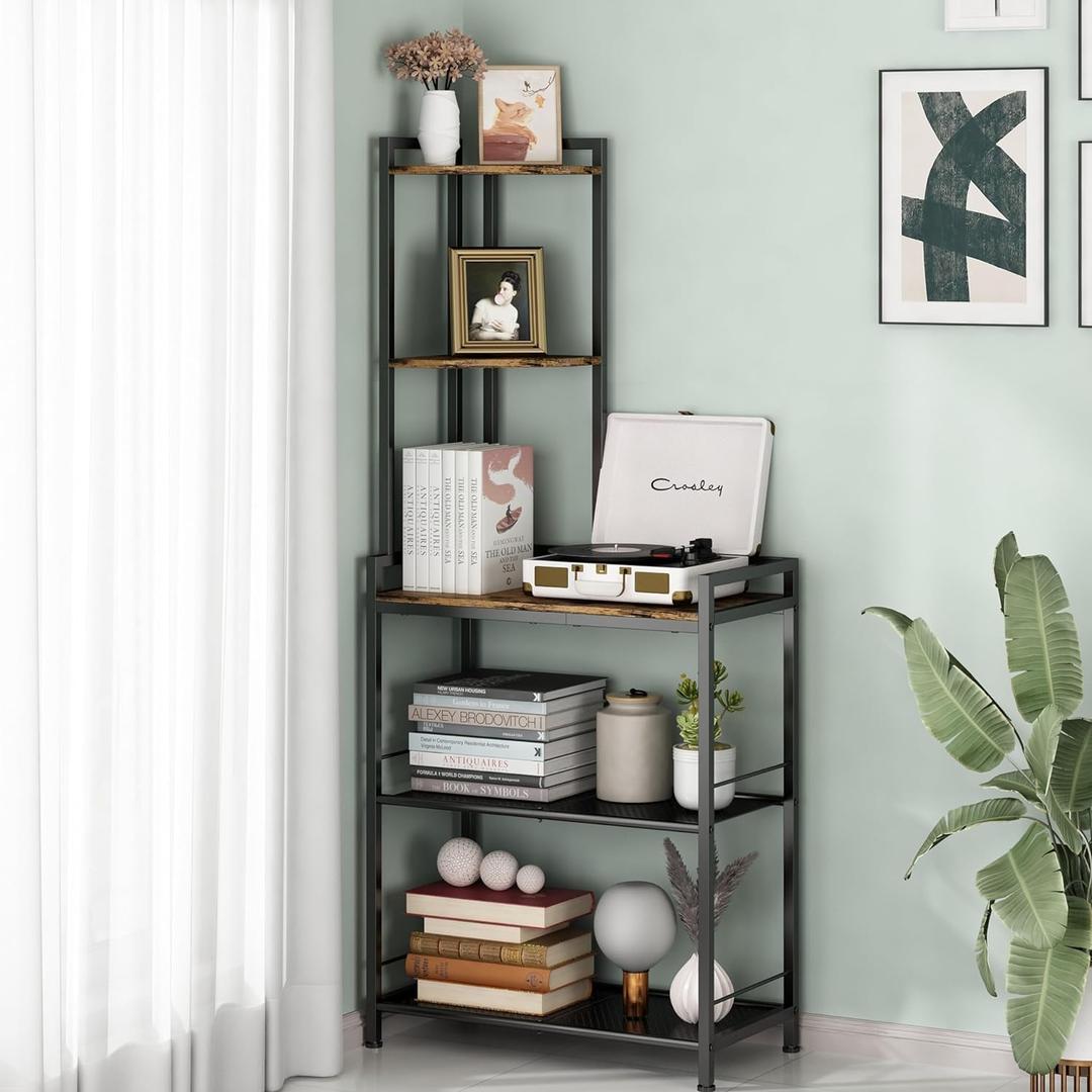GILLAS 5 Tier Corner Shelf Stand, Freestanding Corner Shelf Unit Bookshelf, Corner Table with Shelf, Tall Storage Organizer Rack for Living Room, Bedroom, Office. Small Space, Metal, Country Rustic (Square-shaped)