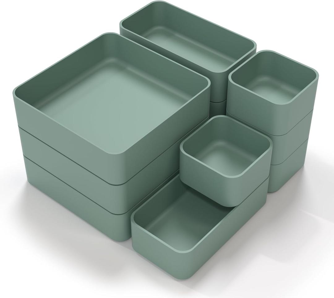 CHANCETSUI 11-Piece Stackable Drawer Organizer Set, Multi-size Desk Drawer Organizer Trays Vanity Storage Bins for Storing Makeup, Stationery, Utensils in Bathroom Dresser, Office and Kitchen (Green)