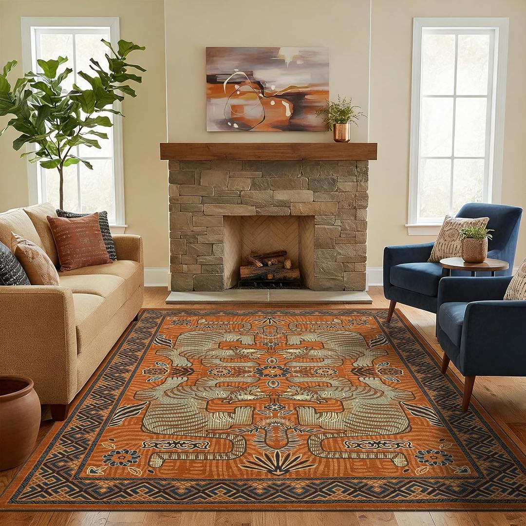 GarveeHome Tibetan Tiger 5x7 Area Rugs, Boho Terracotta Washable Rugs for Living Room, Vintage Tribal Soft Animal Print Throw Rug Non Slip Ultra Thin Stain Resistant Floor Carpet for Office Bedroom