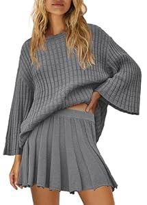 Yanekop Womens 2 Piece Sweater Skirt Set Loose Matching Lounge Sets Comfy Pajamas Set Long Sleeve Top and Skirt Sets (Medium, Grey)