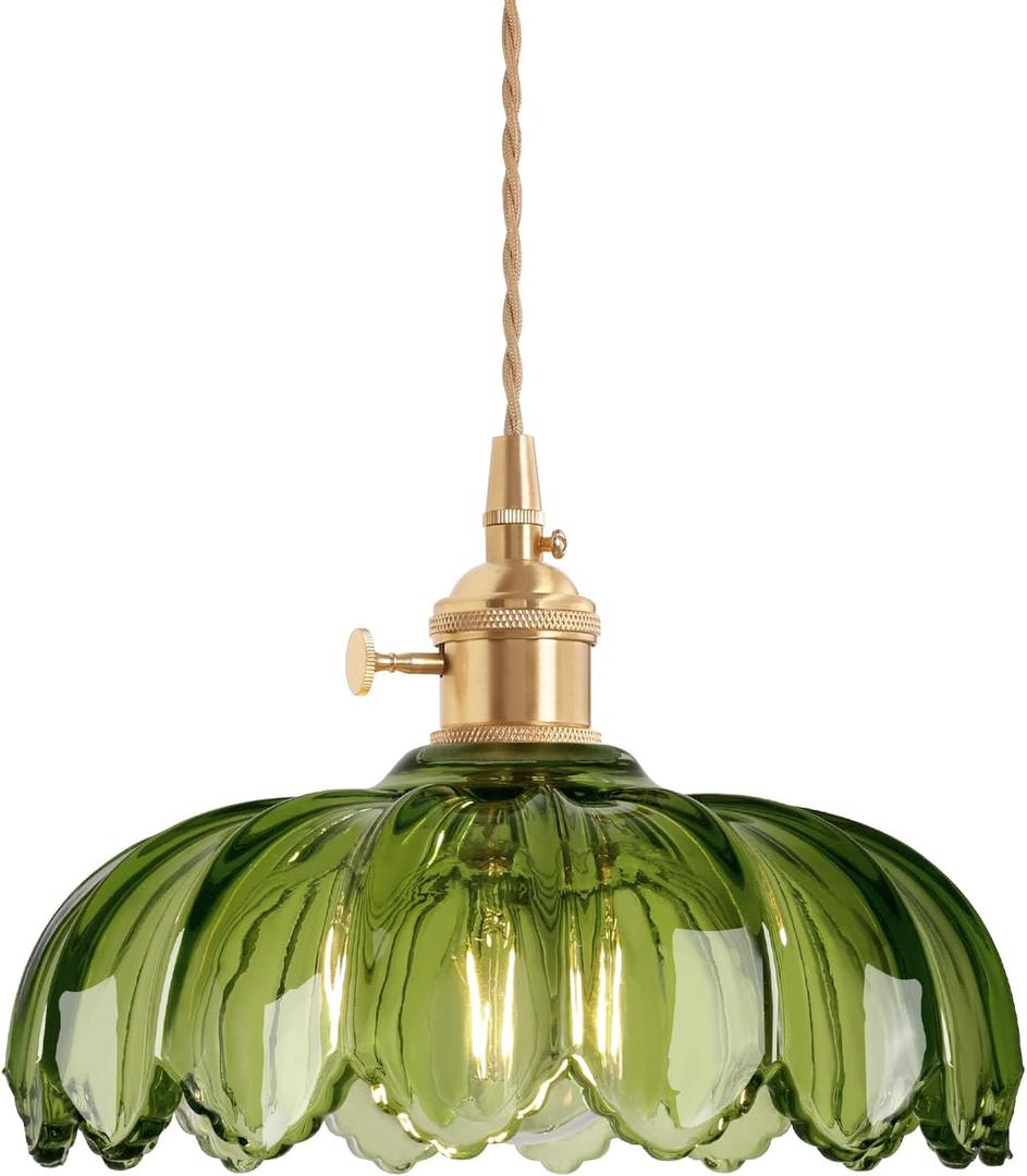 Pendant Light with Green Scindapsus Glass Lmapshade, Brass Vintage Pendant Light Adjustable Hanging Light for Kitchen Island Dining Room Hallway (Hardwired 1 pack, Scindapsus Green)