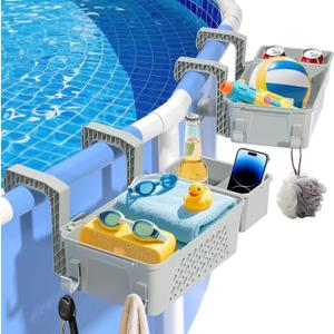 2025 Upgrade2-Pack Poolside Storage Basket with Cup Holder, Above Ground Pool Accessories, 3-in-1 Swimming Pool Hanging Storage Baskets to Organize Cups & Towels, Fits 3 Inch or Less Top Rail(Grey)