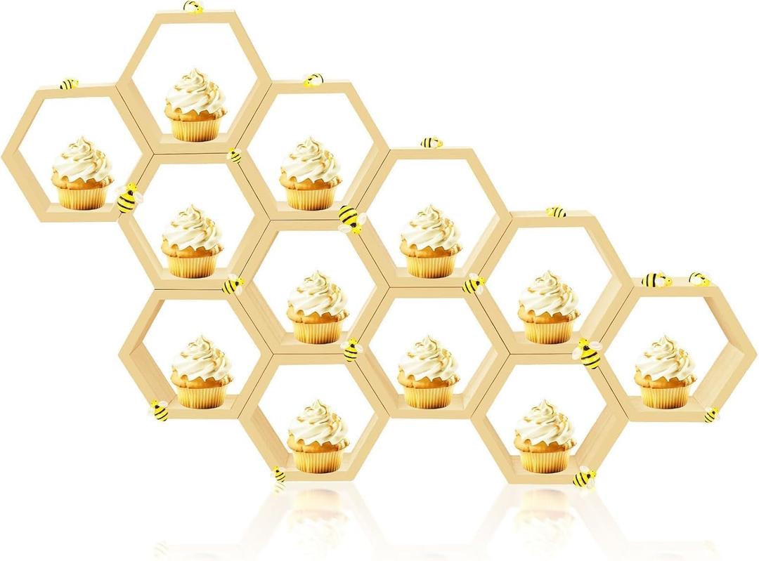 12 Pcs 4.13 Inch Honeycomb Cupcake Stand Cake Farmhouse Hexagon Display Holder Hexagonal Wood Cupcake Stand Floating Table Sign with Wooden Bee for Wedding Baby Shower Birthday Party Table Decorations
