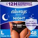 Always Discreet Adult Incontinence Overnight Underwear for Women, Large, Up to 100% Bladder Leak Protection, 48 Count (3 Packs of 16)