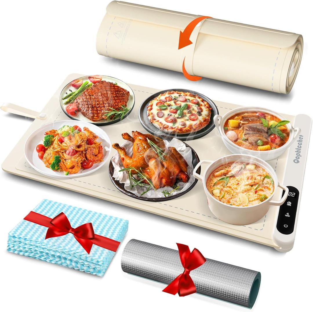 Warming Mat for Food,Food Warming Mat with 7 Temperature Settings and 12 Hours Timer,Upgrade High-tech Graphene Rollable Heating Food Warmer for Parties Buffet,Everyday Use(Beige) (XL Large Size: 24x15")