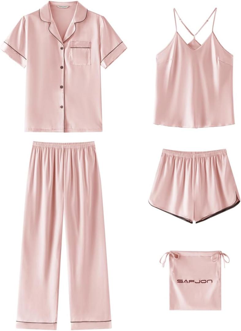 SAPJON Silk Satin Pajamas for Women 5Pcs Button Down Short Sleeve Top and Shorts Soft Pj Set Notch Collar Loungewear