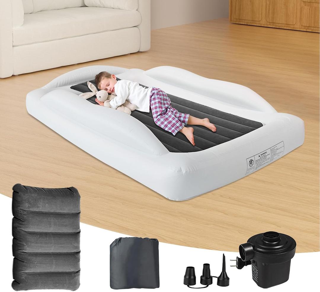 Inflatable Toddler Travel Bed - 61 Inches With Pillow Portable Toddler Bed for Travel with Safety Sides - Cozy Kids Air Mattress Set with Built-in Electric Pump & Carry Case- Easy to Inflate - Grey