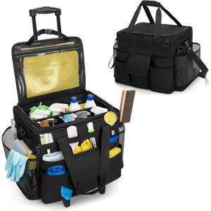 LoDrid Rolling Cleaning Caddy with Lid, Cleaning Supplies Organizer with Detachable Trolley, Cleaning Caddy Cart on Wheels with Handle and Shoulder Strap for Housekeepers, Black, Bag Only