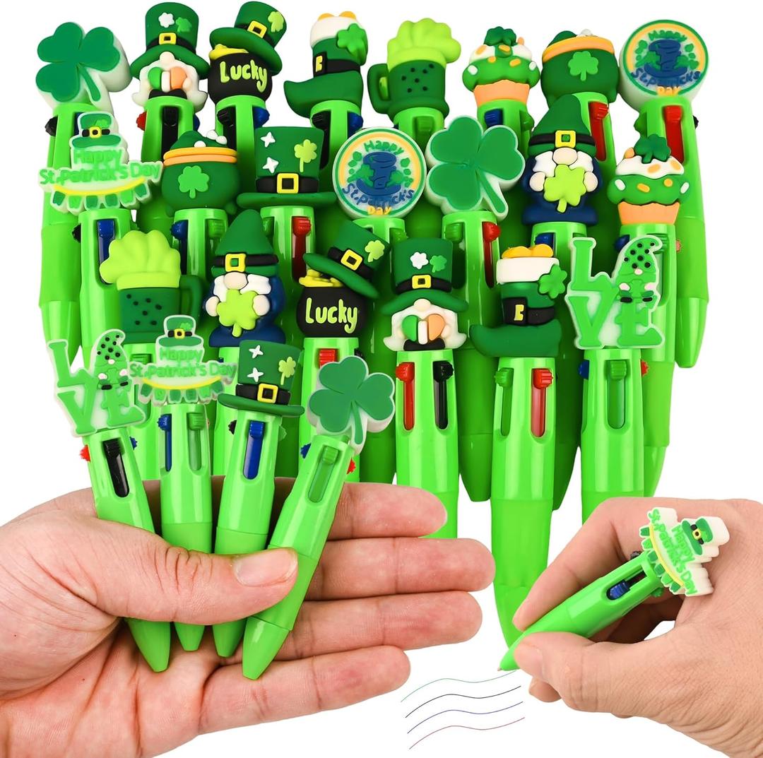 LiYiQ 25 Pcs St Patrick's Day Multicolor Pen in One Cartoon Cute Fun 4-in-1 Cute Pens Bulk Kawaii Top Hat Clover Shamrock Leather Boots Gnome Beer Shape Ballpoint Pens for Fun Gifts