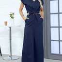 Gardenwed Women's Two Piece Outfit Set, Short Sleeve V Neck Crop Top with Tie Front and Wide Leg Pants (Blue, L)