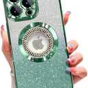 Misscase Case for iPhone 15 Pro Compatible with MagSafe,Full Protection Slim Shockproof Anti-Scratch Magnetic Glitter Case with Camera Lens Protector Logo View Dust-Proof Net for Women Green