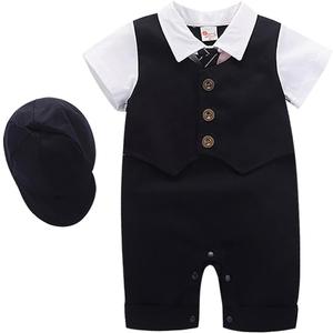 IDOPIP Baby Boy One-Piece Romper Short Sleeve Jumpsuit Gentleman White Shirt Bowtie Tuxedo Birthday Outfit Formal Suit + Hat (9-12 Months)