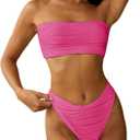 ZAFUL Women Strapless Textured Bandeau Bikini 2 Piece Swimwear Cheeky Solid Lace up Bathing Suits (Medium, Rose Red)