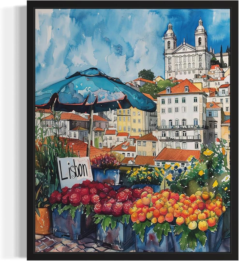 Lisbon Portugal Flower Market Poster Art Print, Travel Poster Floral Artwork for Bedroom, Bathroom, Livingroom Decor Wall Art 46 (Lisbon Portugal, 10"L x 8"W, Black Frame)