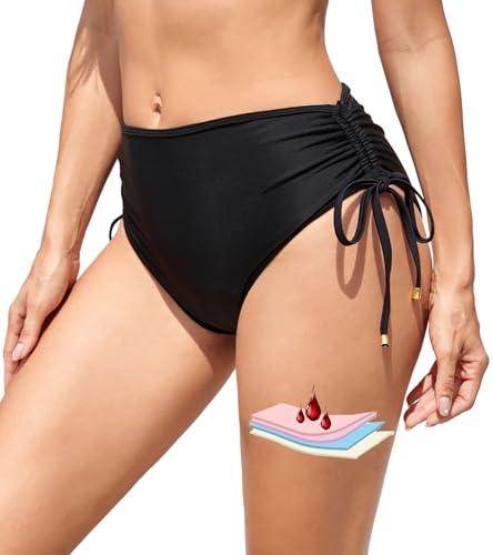 Leoparts Period Swimwear for Women Teens Black Leakproof Swim Bottoms High Waist Side Drawstring Menstrual Swimsuit Bottoms, Size: M