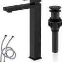 KENES Matte Black Bathroom Faucet Single Handle Tall Vessel Sink Faucet Vanity Bathroom Faucet Basin Mixer Tap with Water Supply Hose and Pop Up Sink Drain, LJ-9031A-2