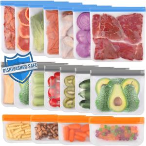 Lerine 18 Pack Dishwasher Safe Reusable Bags, Leakproof Reusable Freezer Bags, BPA Free Food Storage Bags for Lunch Marinate Food Travel - 7 Gallon 7 Sandwich 4 Snack (Multicolor)