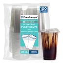 Freshware Clear Plastic Cups with Strawless Sip Lids [100 Cups - 20 oz] Disposable Tumblers for Iced Coffee, Smoothie, Milkshake, Cold Drinks