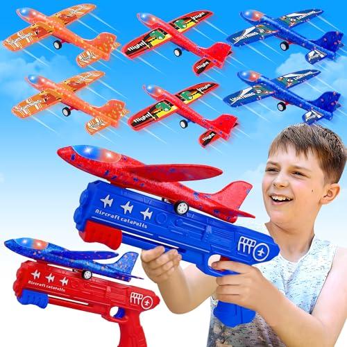 LJZJ 6 Pack Airplane Launcher Toys, 2 Flight Modes LED Foam Glider Catapult Plane, Outdoor Flying Toy for Kids, Birthday Gifts for Boy Girl 4 5 6 7 8 9 10 11 12 Year Old, B-Day Party Supplies