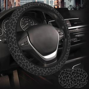Black Leopard Print Cheetah Steering Wheel Cover for Women, Anti-Slip Breathable High Elastic Neoprene Car Steering Wheel Cover, Universal 15 Inch for Cars, SUVS, Includes 2 Ceramic Cup Coasters