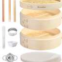 Hcooker Bamboo Steamer Basket Set, 8-Inch 2-Tier Steamer for Cooking, Chopsticks Liners Sauce Dish Dumpling Making Tools, Steaming Asian Food, Bao Buns, Meat, Dim Sum, Rice, Vegetable Steam Pot