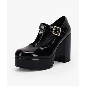 Coutgo Women's T-Strap Round Toe Platform Heels Chunky Heel Patent Mary Jane Dress Shoes 8