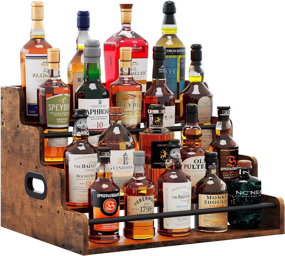 LIVELYGLOW 19.6W x 15.74" D x 12.5" H Inches Versatile 4-Step Coffee Syrup & Water Bottle Organizer Rack Multi-Functional Retro Display Shelf for Kitchen or Bar, Holds Liquor & Spirits, Wooden