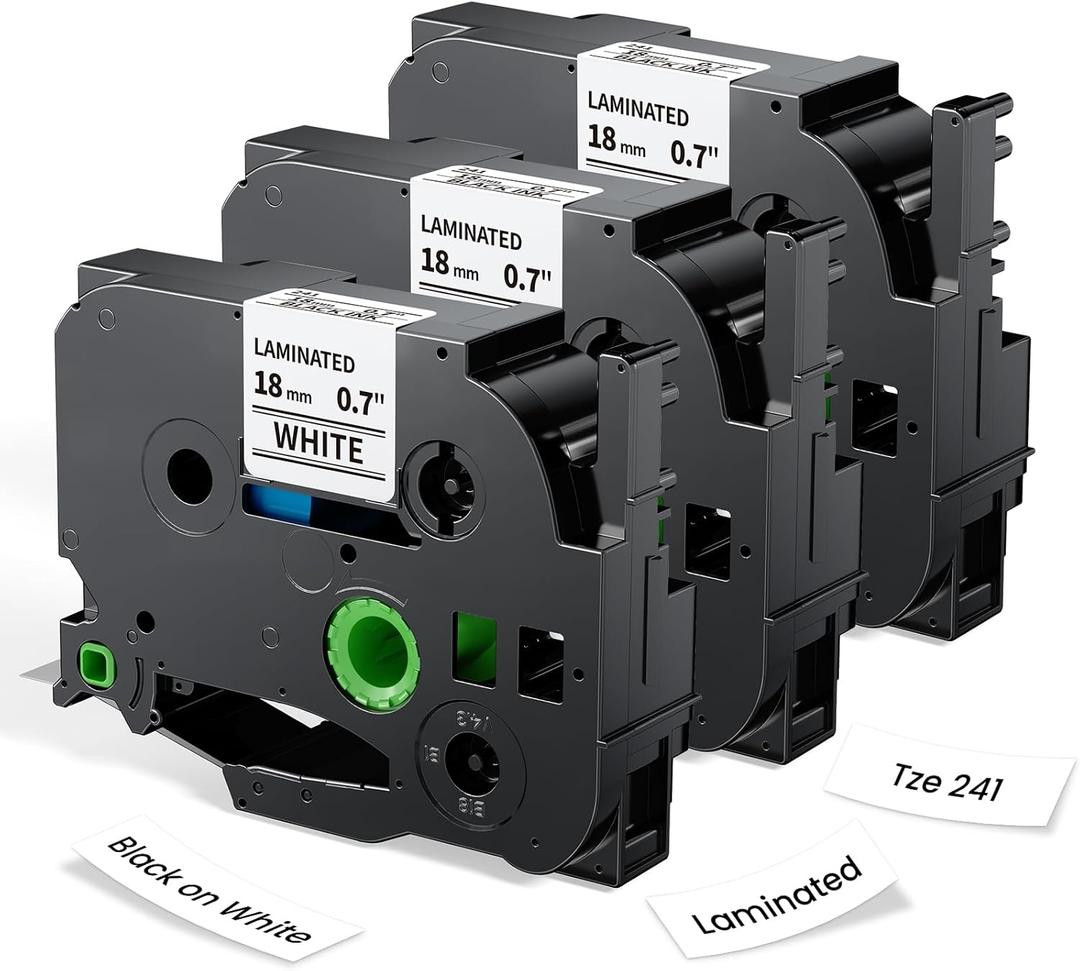 Label KINGDOM 18mm 0.7 Inch Laminated White Tape Replace for Brother Label Maker Tape TZe-241 Compatible with P Touch TZ TZe 3/4" Black on White TZE241 for PTD410 PT-D400 PT-D610BT PTD600, 3-Pack