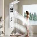Shower Panel Tower System with Shelf, Multi-Function Shower Tower System With 4 Body Spray, 5 Handheld Settings & Tub Spout, Rainfall + Waterfall Shower Head, Rain Massage Spa System