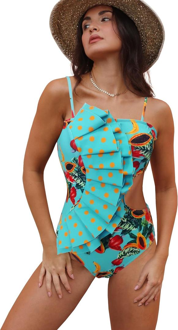 SPORLIKE Women One Piece Swimsuit Flounce Swimwear Hole Out Bathing Suit Padded Monokini (Blue, L)