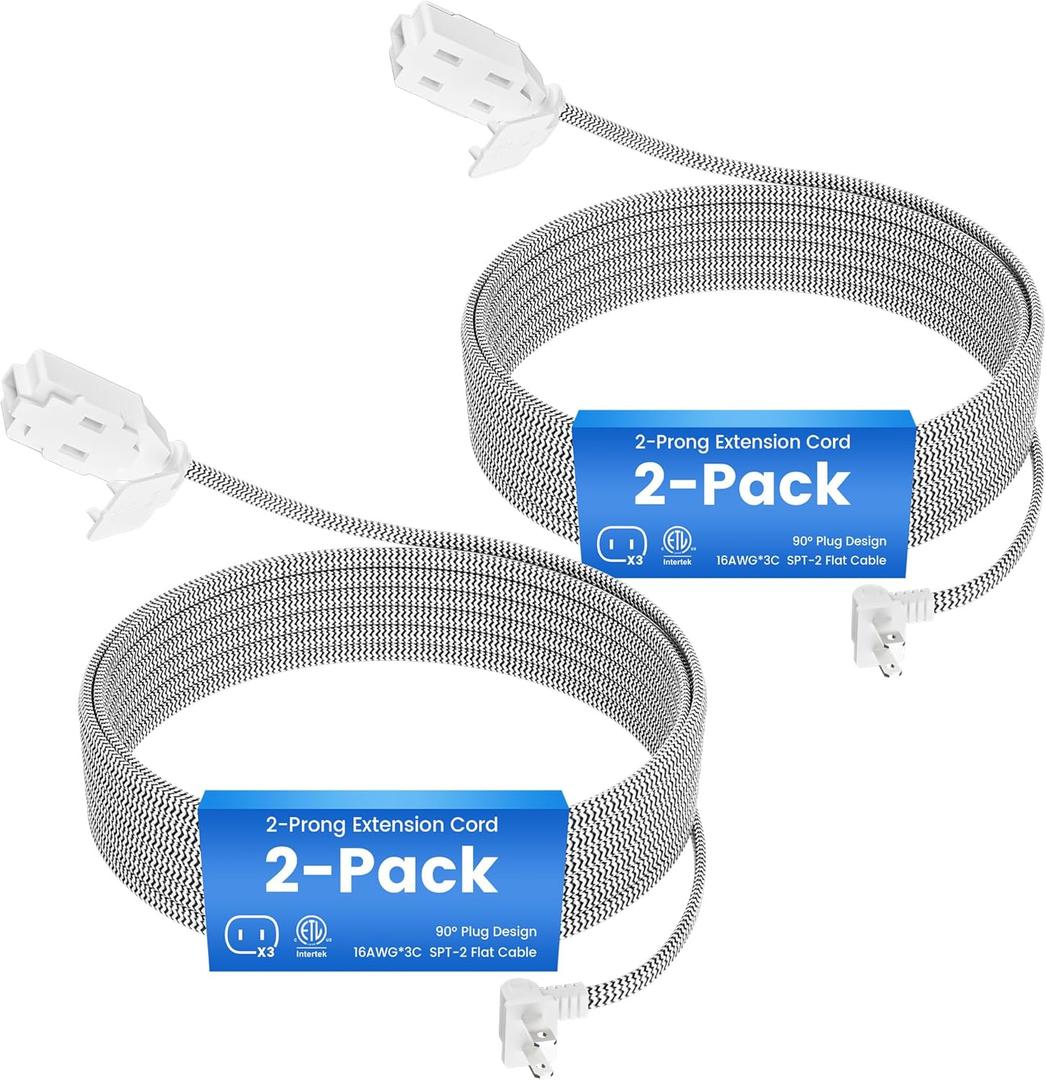 2-Pack 2 Prong Extension Cord 15FT, 90 Degree Plug, SPT-2, Flat Nylon Braided Power Extension Cord With 3 Outlets, Multiple Outlets with Tamper Guard, ETL Listed, Outlet Saver, 16 Gauge Wire, 13A/125V