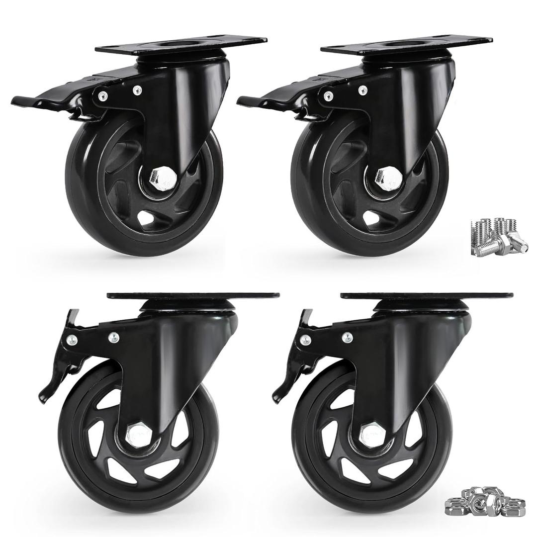 Caster Wheels, Heavy Duty 4 Inch Casters Set of 4, Locking Swivel Casters Wheels for Cart, Furniture and Workbench, Black