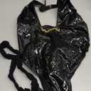 OYOANGLE Women's Faux PU Leather Cut Out Lace Up Halter Teddy Bodysuit Lingerie with Fishnet Stockings (Medium, Black)