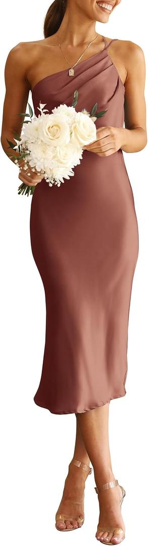 PRETTYGARDEN Women's Midi Satin Dress One Shoulder Spaghetti Strap Backless Ruched Summer Bodycon Dresses (Red Brown, Small)