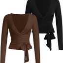 SweatyRocks Women's Pilates Outfits Wrap Tops Ballet Yoga Coquette Shirt Cute Long Sleeve Workout Activewear (Medium, Black and Brown)