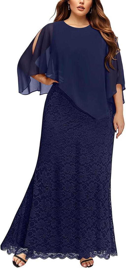 Women's Plus Size Cape Dress with Chiffon Overlay Gown Formal Evening Lace Long Mermaid Dresses 2024, Size: 28 Plus