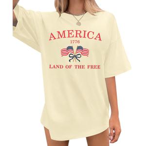 4th of July Shirts Women: USA Shirt American Flag T Shirt Bow Graphic Patriotic Short Sleeve Tee Tops (Beige, L)